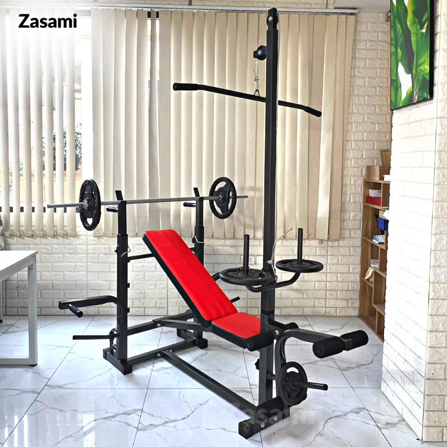 Giàn tạ đa năng 8210 Zasami kèm 50kg tạ gang , đòn tạ 1m5, 1 găng tay tập tạ ( Màu ngẫu nhiên )