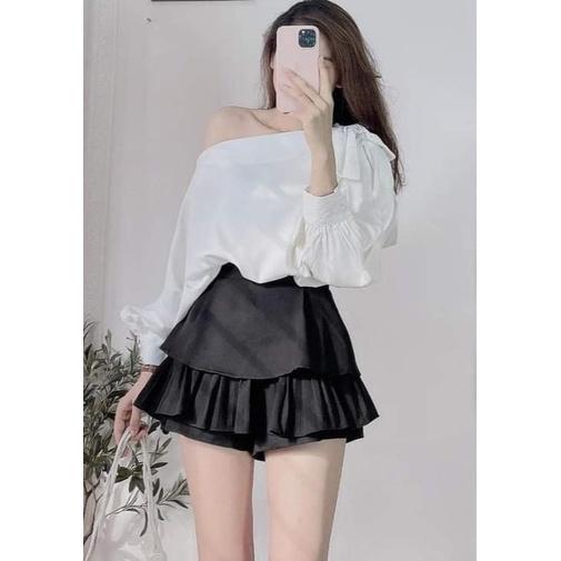 Áo sơ mi lụa lệch vai tay viền cánh rơi
