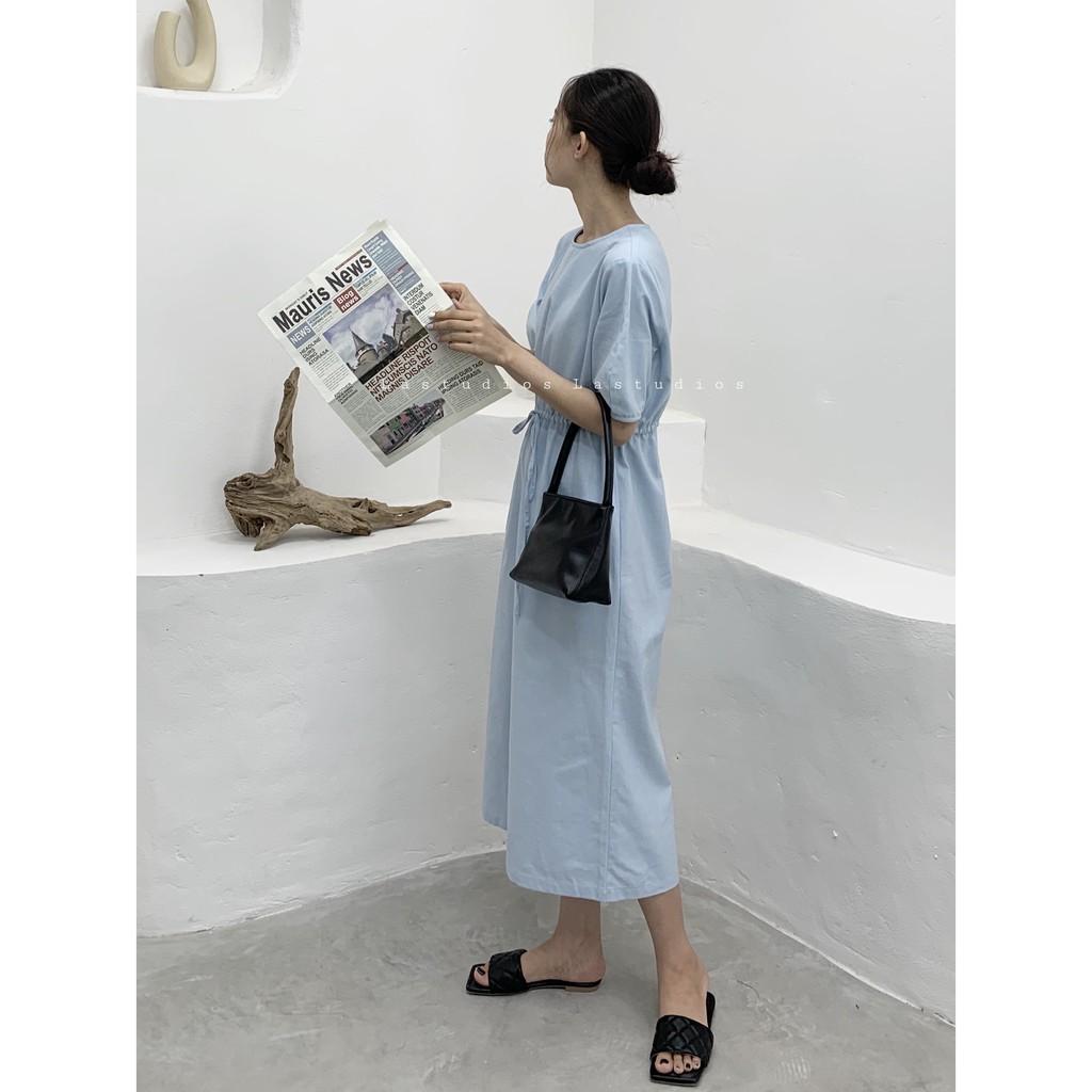 Váy trơn Linen tay bồng rút dây Hàn Quốc