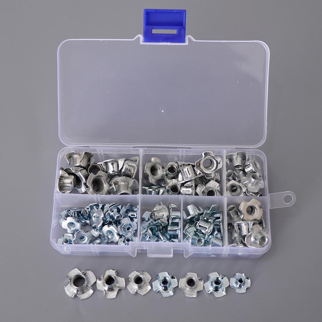 80Pcs M3/M4/M5/M6/M8 Zinc Plated Four Prong Furniture T Nuts Blind Nut Wood