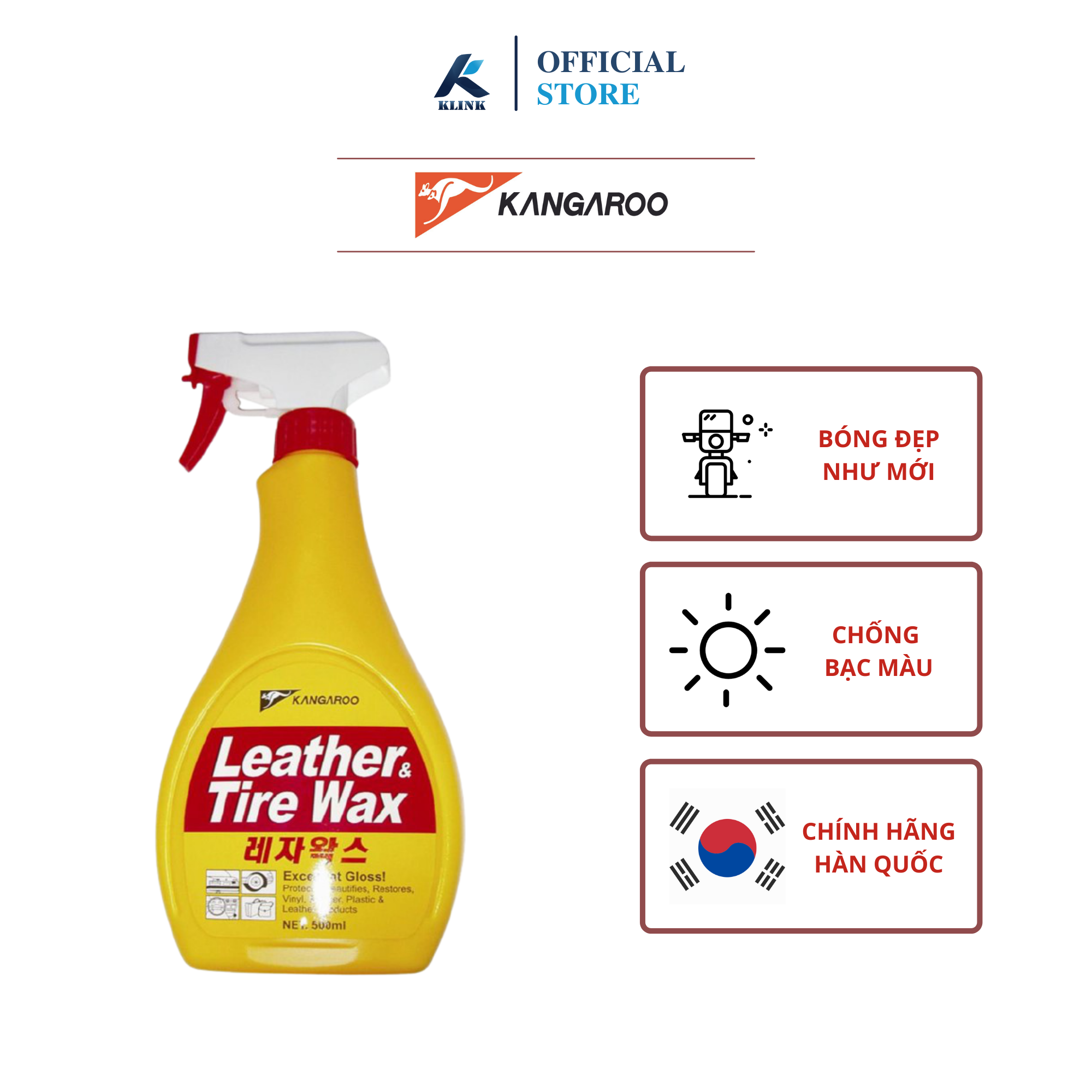 Dung dịch dưỡng bóng bề mặt da, nhựa và lốp xe Kangaroo Leather &amp; Tire Wax 500ml