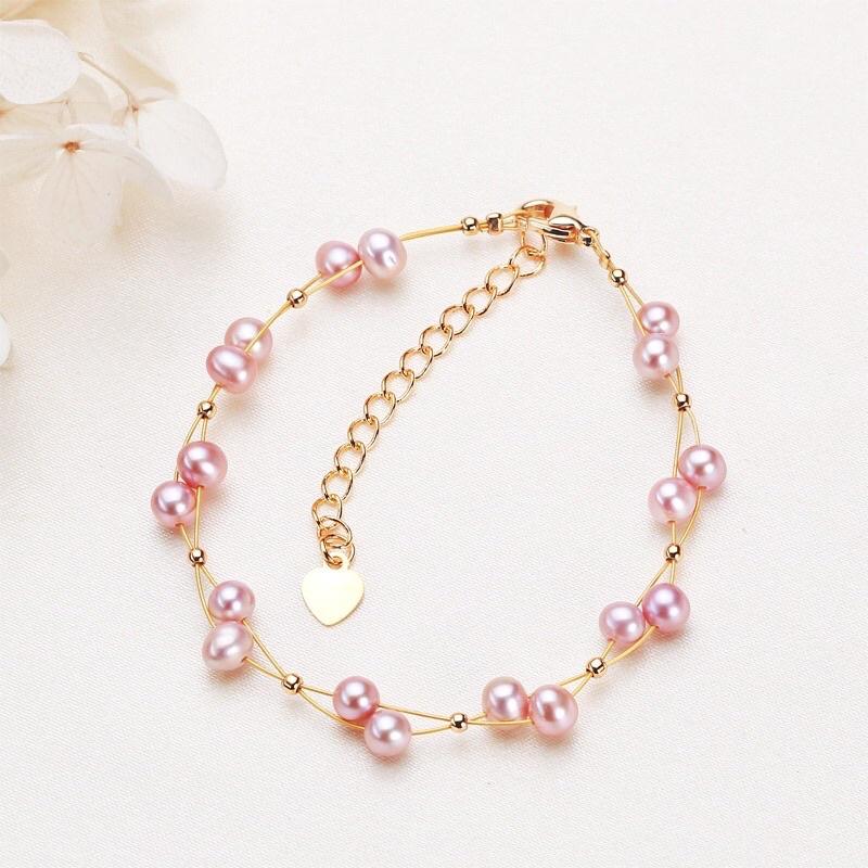 Bộ Dây Chuyền Titan Mạ Vàng Mix Hạt Ngọc Trai Thật Nước Ngọt Màu Hồng 5ly - Trường Thịnh Ngọc Trai