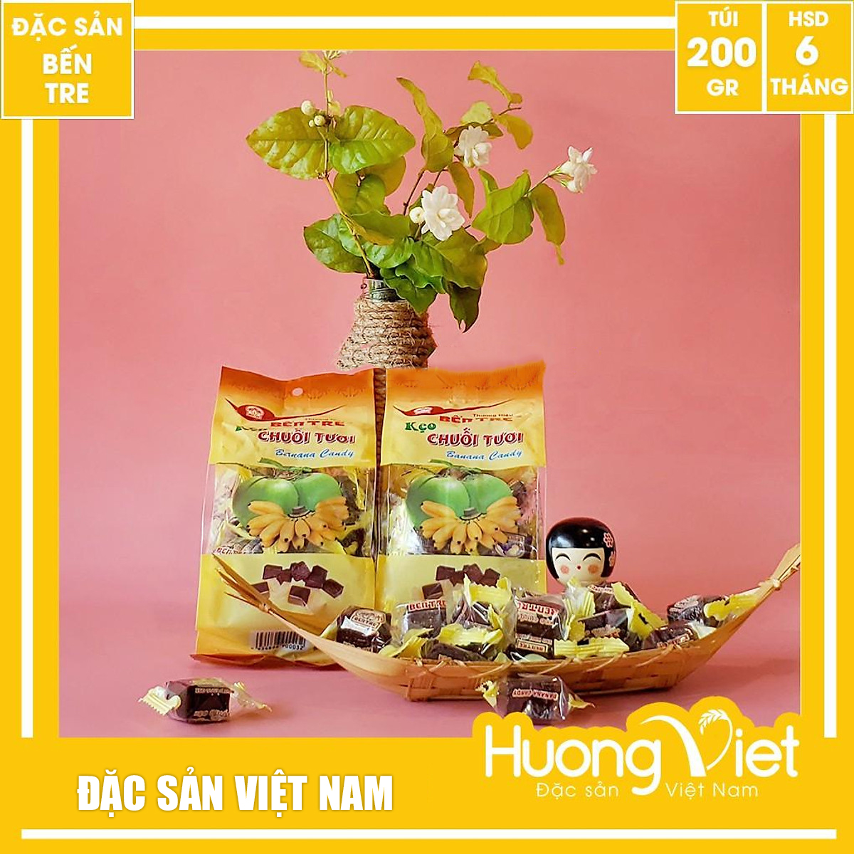 Đặc Sản Bến Tre - Combo 2 Bịch Kẹo Chuối Tươi Bến Tre, Kéo Chuối Miền Tây Túi 200G