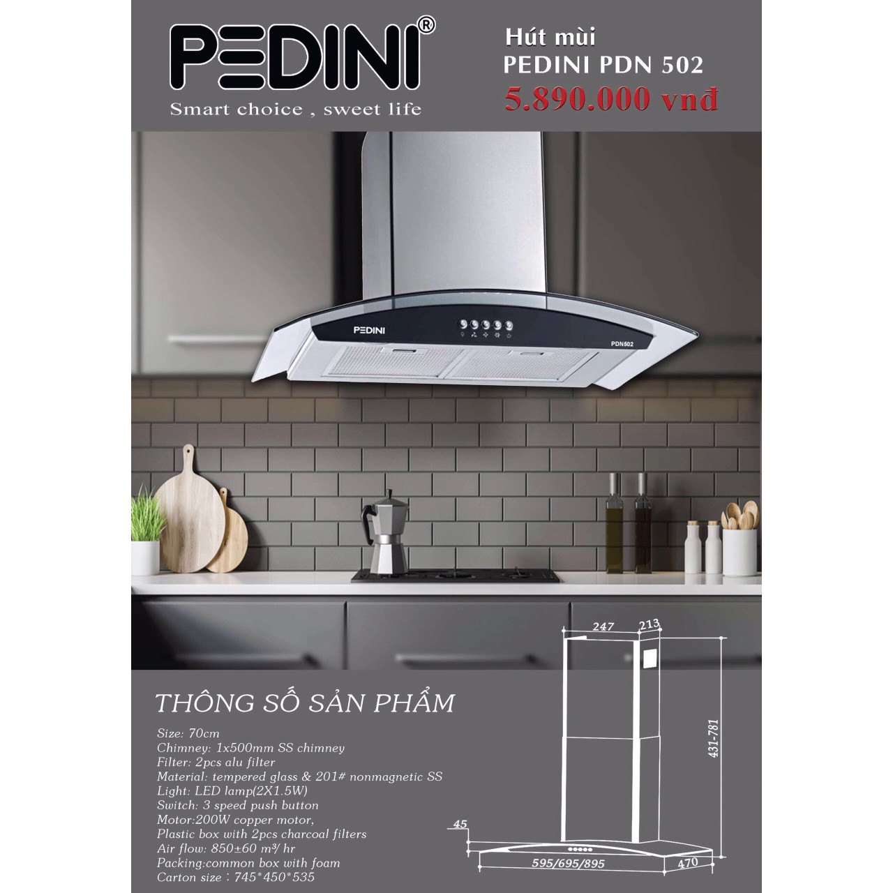 Hút mùi PEDINI PDN 502 -  Hàng chính hãng