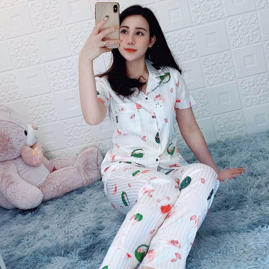 BỘ PIJAMA LỤA GẤM TAY NGẮN QUẦN DÀI HỌA TIẾT CỰC XINH