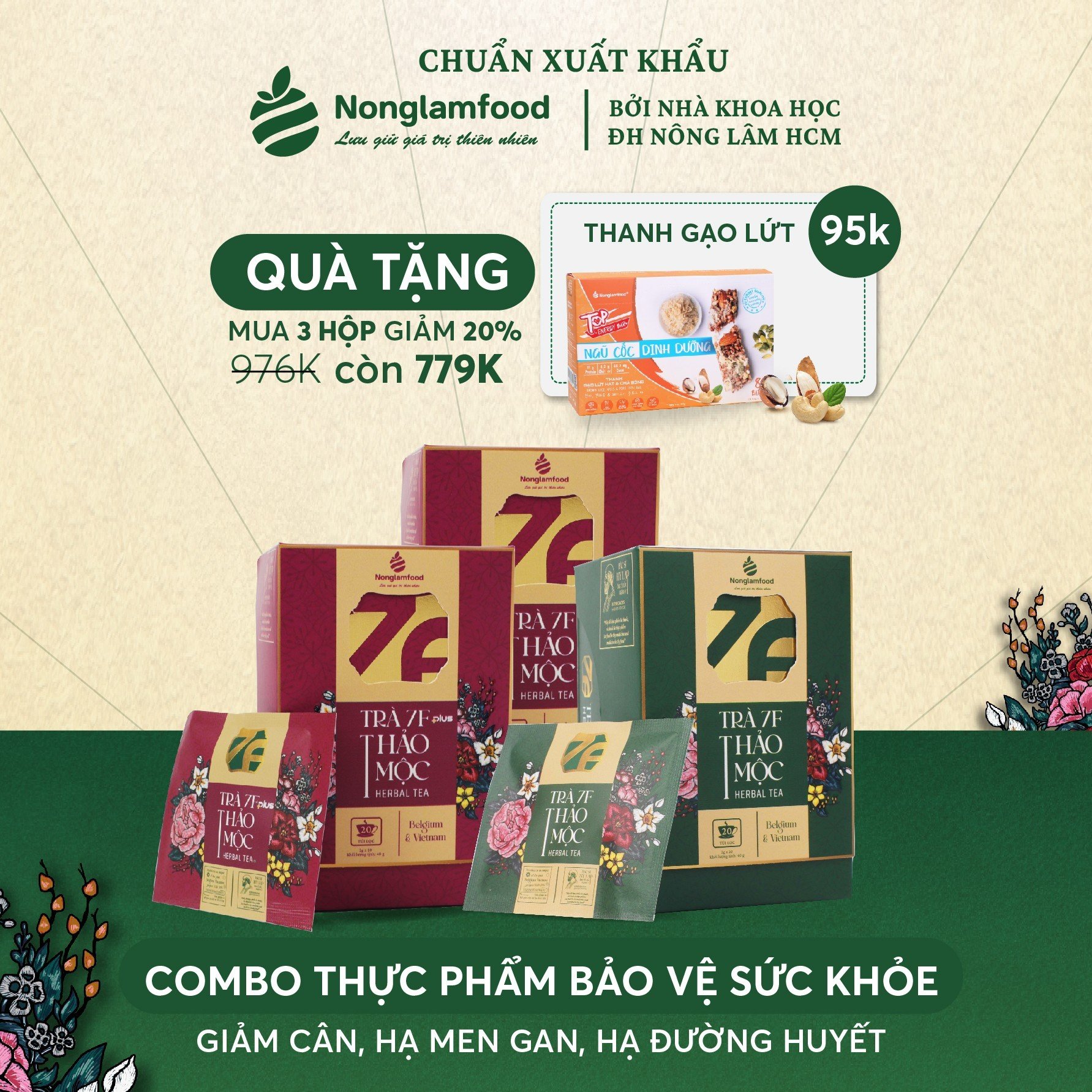 [TẶNG KÈM QUÀ] Combo Trà Thảo Mộc 7F và 7F Plus có vỏ bưởi giảm cân, thanh lọc, mát gan, giảm đường huyết Nonglamfood