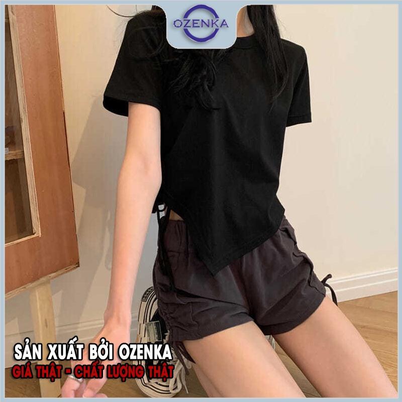 Áo croptop ulzzang kiểu vạt chéo rút dây rộng cổ tròn OZENKA , áo crt thun cotton basic màu đen trắng mặc đi học đi chơi