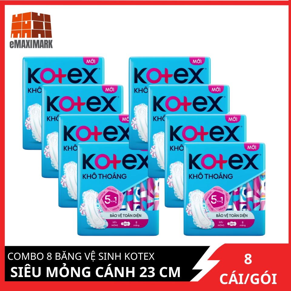 Combo 8 Băng vệ sinh Kotex Khô thoáng siêu mỏng cánh 23cm 8 miếng