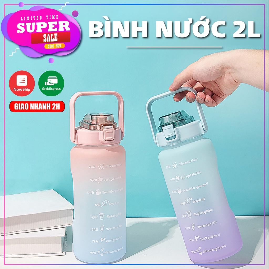 Bình nước học sinh chia vạch 2 lít nhắc nhở uống nước hàng ngày bình đựng nước cute dễ thương có ống hút