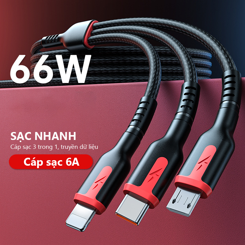 Dây cáp sạc nhanh 3 đầu 66W - eXtreme DS5101 cáp sạc 3 cổng 6A type C Android, Light.ning IP dây sạc chống đứt - Hàng chính hãng