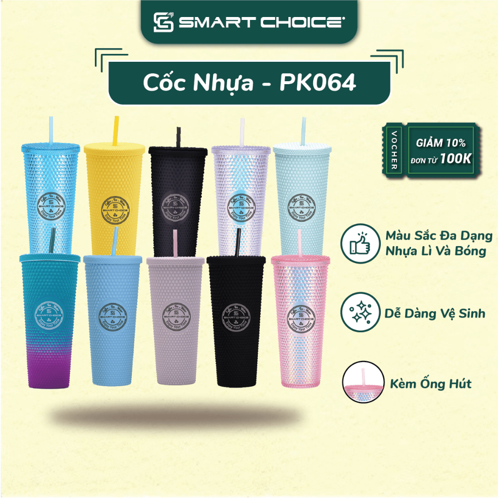 Ly Uống Nước Nắp Rời Có Ống Hút SmartChoice Nhiều Màu 2 Lớp AS Cao Cấp SCG-PK064