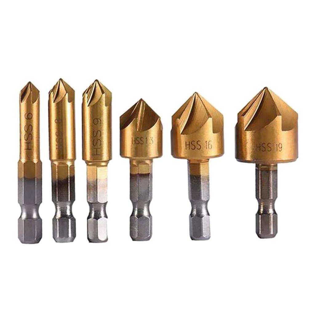 HSS Countersink Drill Bit 90 Degree 5 Flute Chamfer Tool Countersinking Bits Hole Cutter Chamfering Drill Bit 1/4" Hex Shank Wood Drilling Bits