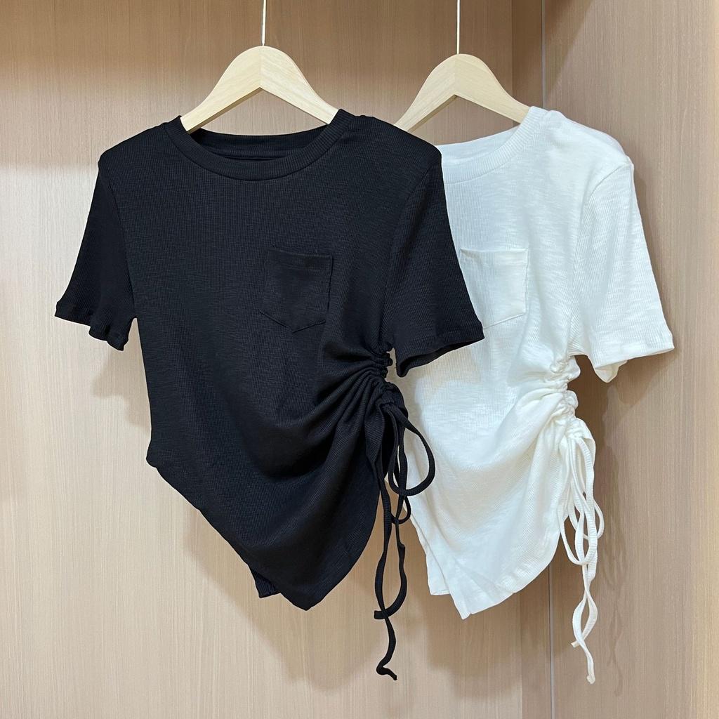 Áo croptop nữ tay ngắn vạt nhọn cổ tròn phối dây rút hông , Áo kiểu croptop cổ tròn tay ngắn TATN001