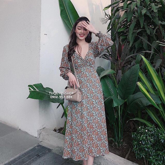 Đầm hoa vintage rút ngực thiết kế