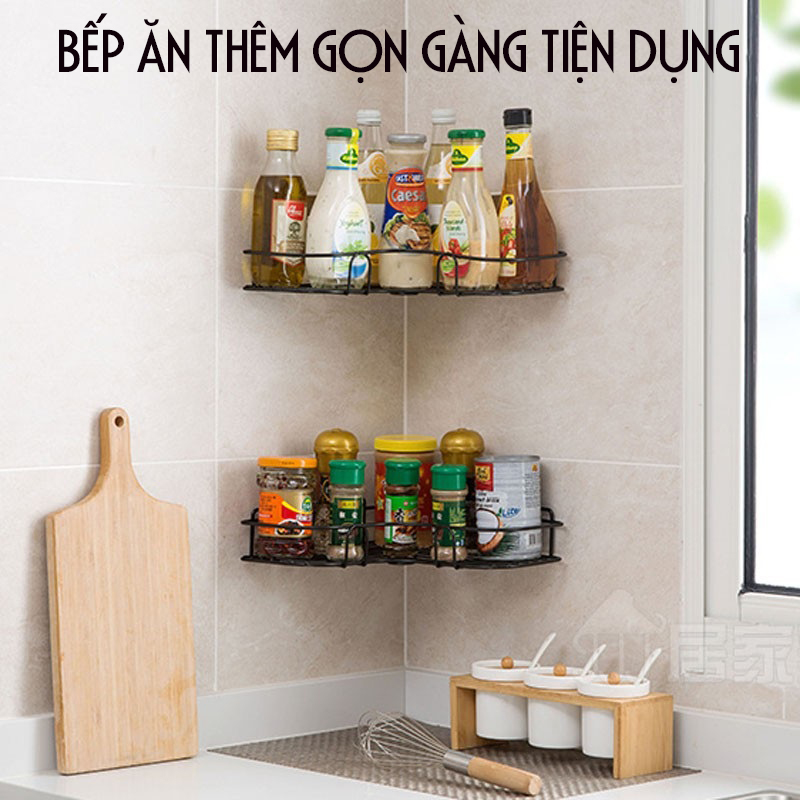 Giá góc, kệ góc treo tường bằng miếng dính cho nhà bếp, phòng tắm thêm gọn gàng, để được nhiều đồ hơn