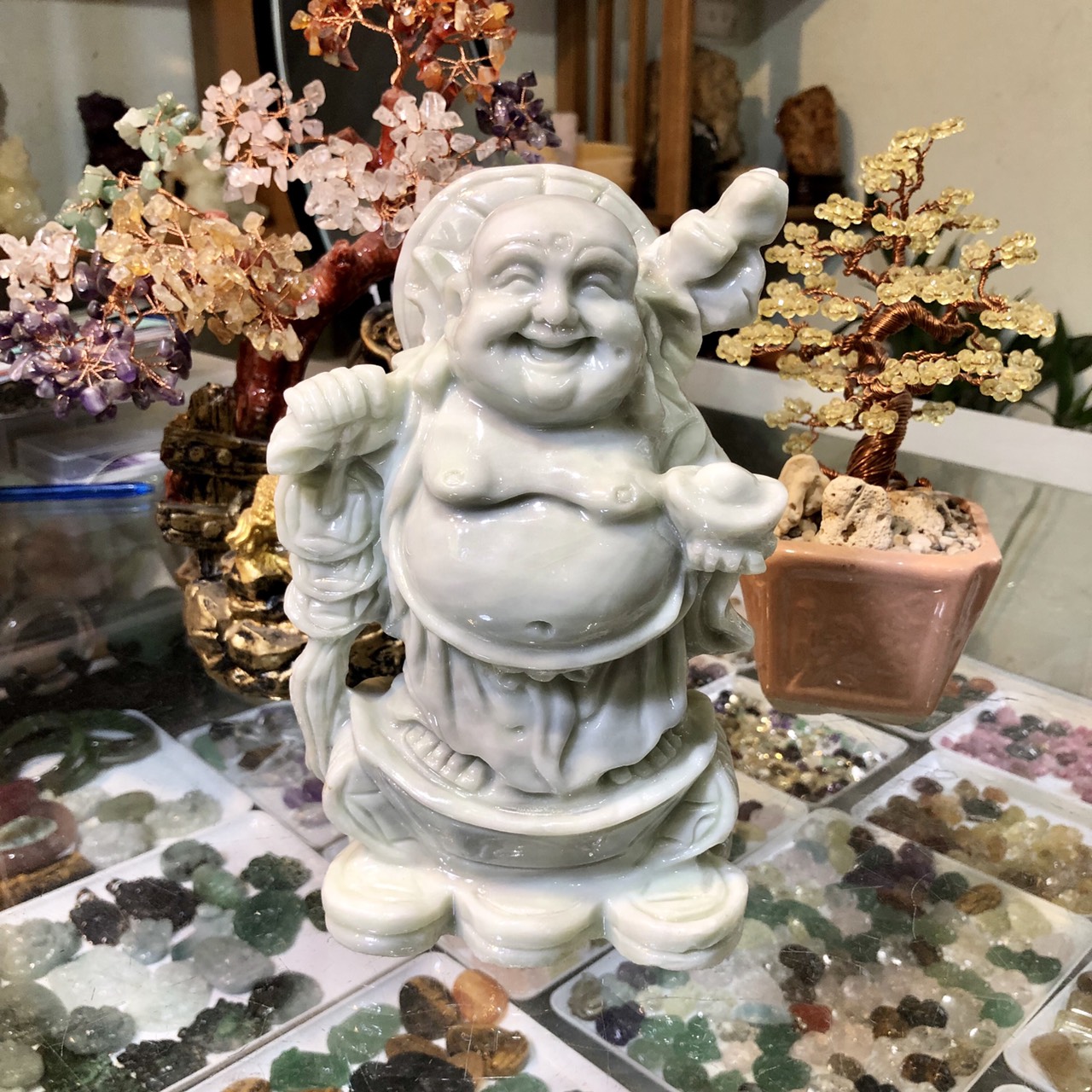 Tượng Phật Di Lặc Gánh Tiền Đá ngọc