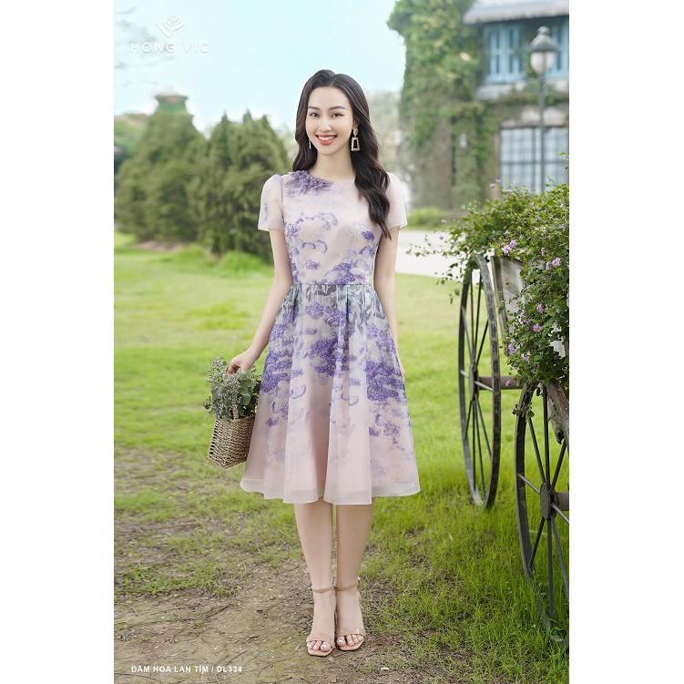 Đầm nữ thiết kế Hongvic hoa lan tím dáng xòe DL334