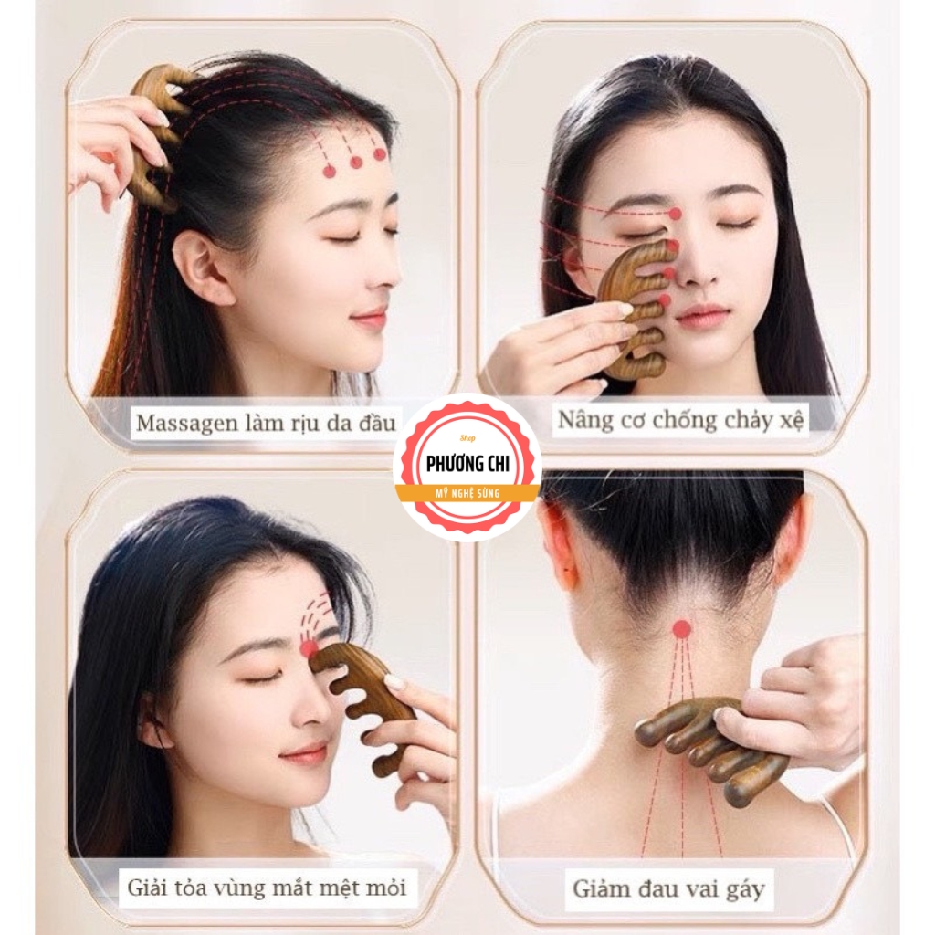 Lược Gỗ Thơm 5 Răng Chân Tròn Dùng Massage Da Đầu Ấn Huyệt Giúp Lưu Thông Khí Huyết | Mỹ Nghệ Phương Chi