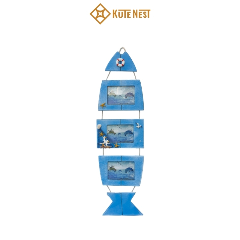 [Kute Nest] Khung hình con cá treo tường bằng gỗ phong cách biển cả – Màu xanh nhạt – KT dài 21.5 x cao 75 cm, hình 13x9 cm