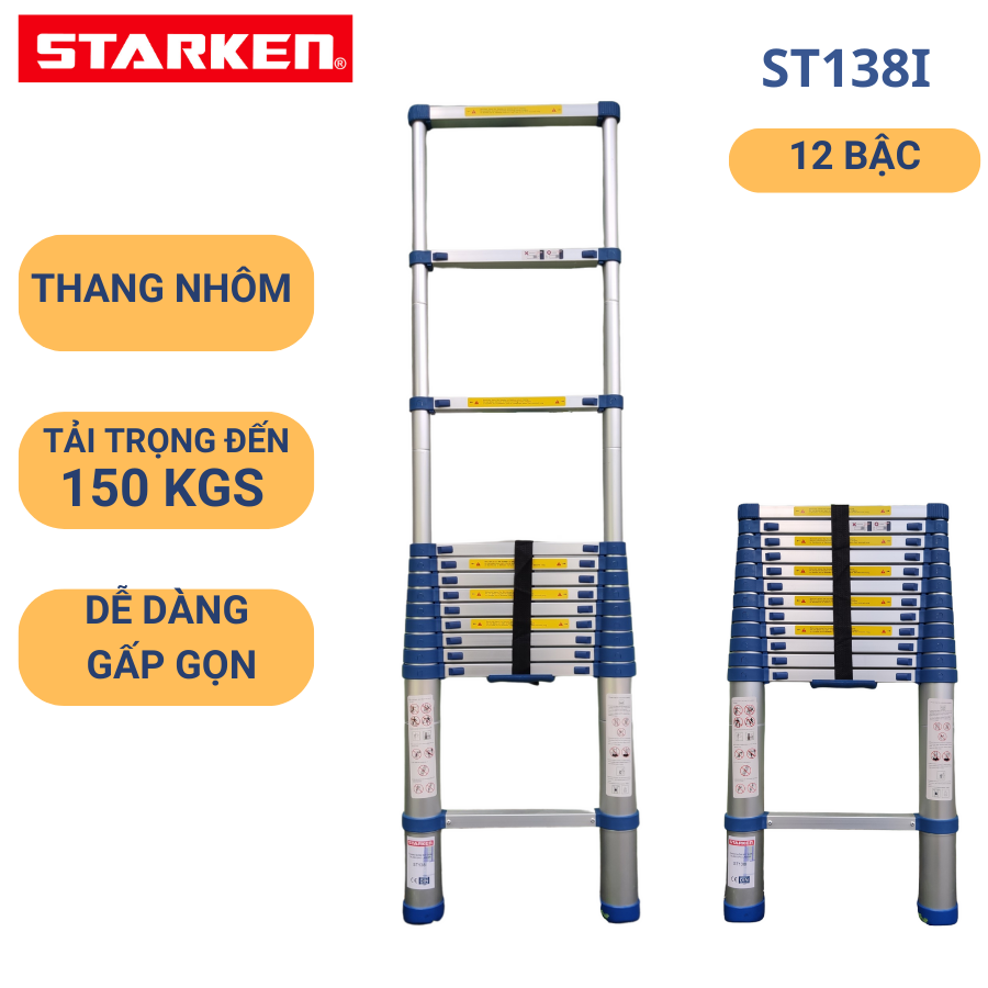 Thang nhôm rút đơn 3m8 Starken ST138I tải trọng 150kgs màu xanh -Hàng chính hãng bảo hành 18 tháng