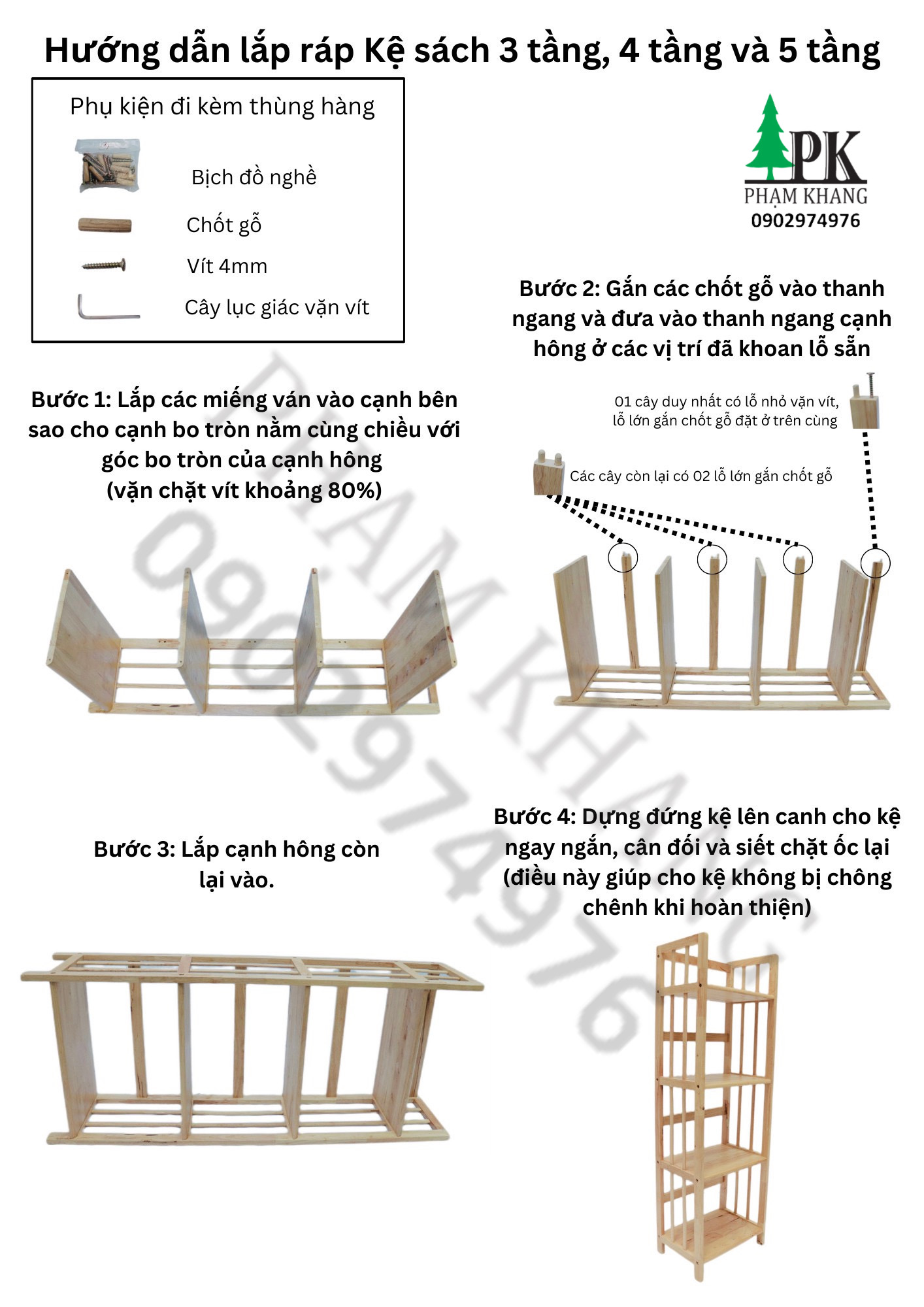 Kệ sách gỗ 4 tầng Phạm Khang - Gỗ cao su tự nhiên màu Gỗ Tự Nhiên/ Vàng Cherry - Kích thước rộng 90 cm