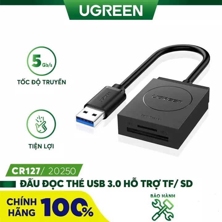 Đầu đọc thẻ USB 3.0 hỗ trợ SD/TF chính hãng Ugreen 20250 cao cấp - Hàng chính hãng