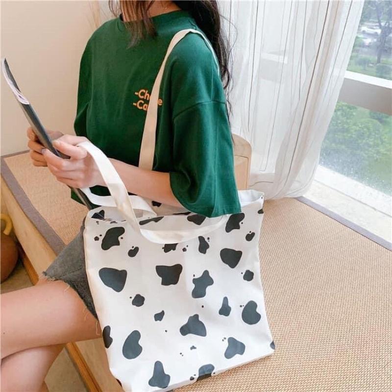 Túi Tote Túi Vải Canvas đeo vai Bò sữa phong cách Hàn Quốc CUTE có dây kéo và ngăn phụ