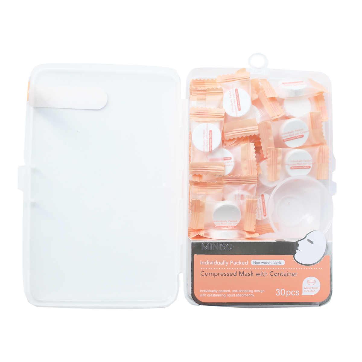 Mặt nạ nén Nhật Bản Miniso Compressed Mask With Container trong hộp 30 miếng kèm bát mặt nạ tiện lợi ( trắng - hồng ) chính hãng - MNS055