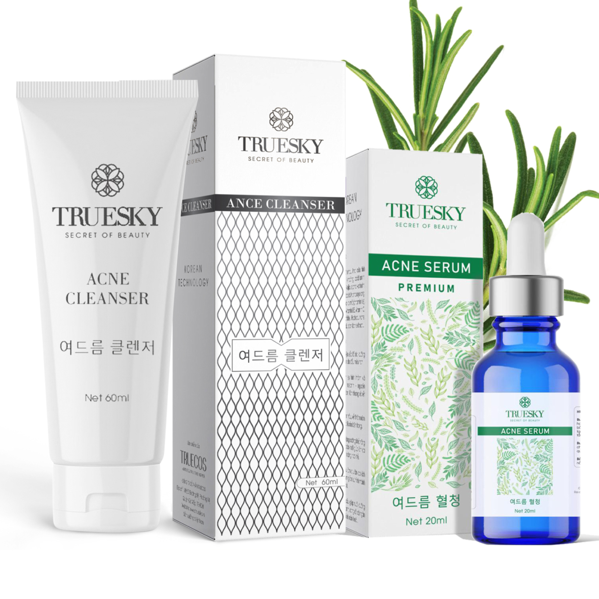 Bộ ngừa mụn da mặt Truesky Premium gồm 1 serum ngừa mụn tràm trà 20ml + 1 sữa rửa mặt tạo bọt than hoạt tính 60ml