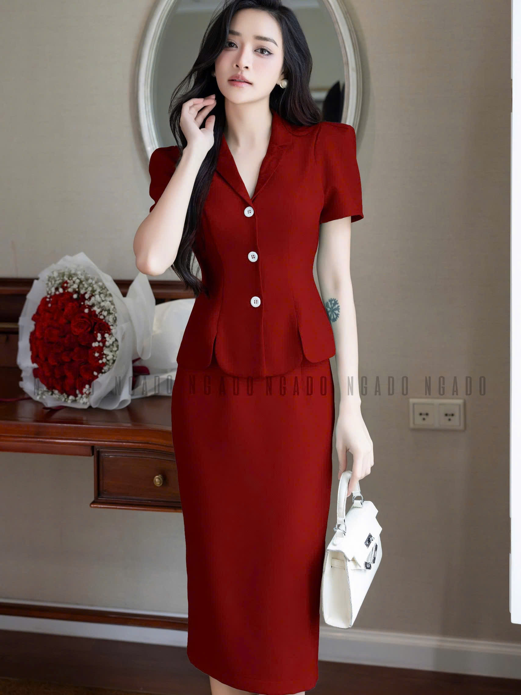 Set áo váy đỏ bút chì NGADO , set áo váy nữ , set công sở , set dự tiệc