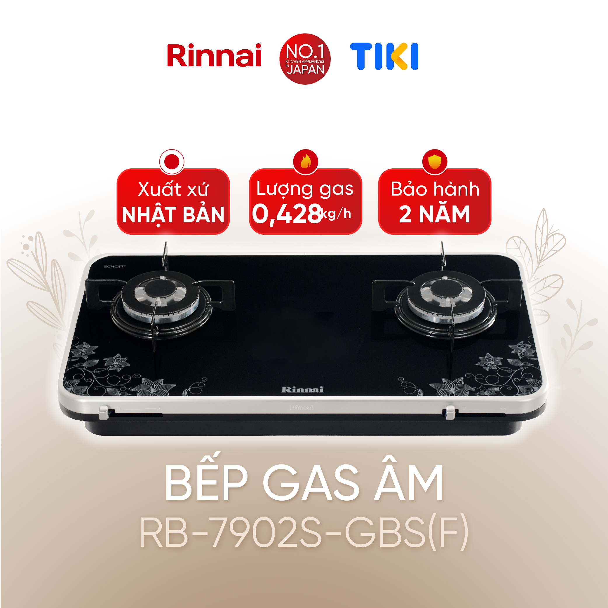 Bếp gas âm Rinnai RB-7902S-GBS(F) mặt bếp kính Schott và kiềng bếp men - Hàng chính hãng