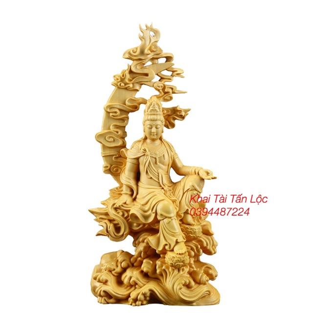 Tượng Thủy Nguyệt Quan Âm gỗ hoàng dương trấn trạch cao 18 cm