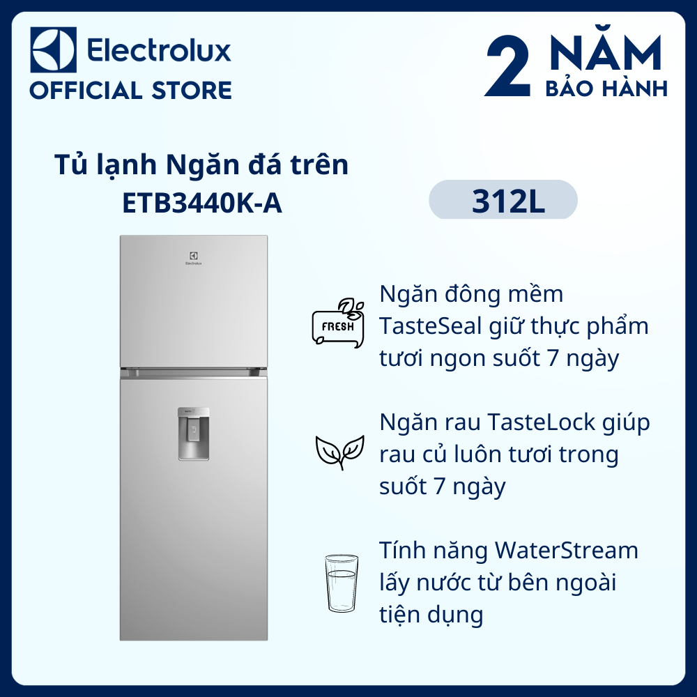 [Freeship] Tủ lạnh Electrolux Inverter ngăn đá trên có ngăn đông mềm 312 lít - ETB3440K-A - Lấy nước bên ngoài, khử mùi diệt khuẩn, khay kim loại cao cấp [Hàng chính hãng]