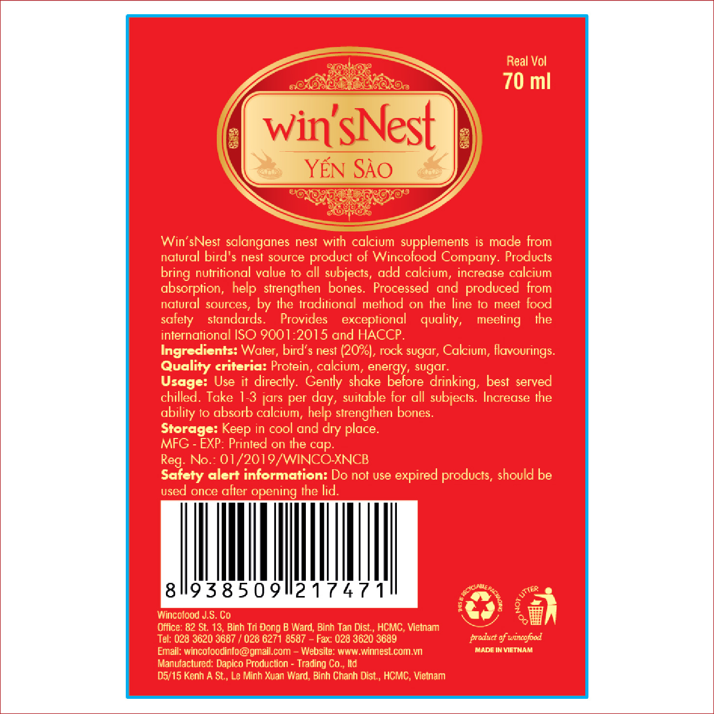 THÙNG 72 LỌ YẾN SÀO WIN'SNEST TỔ YẾN CHƯNG SẴN BỔ SUNG CANXI 20% (70ML/LỌ)