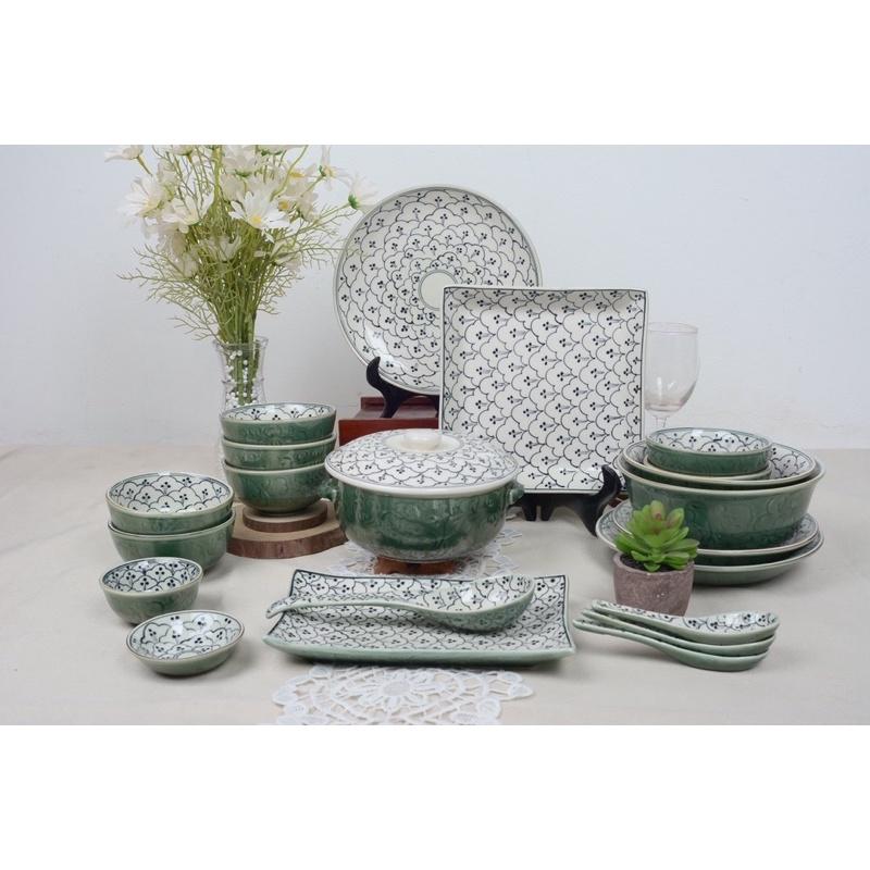 Bộ bát đĩa 24 món mang phong cách Nhật Bản. Gốm sứ Bát Tràng.