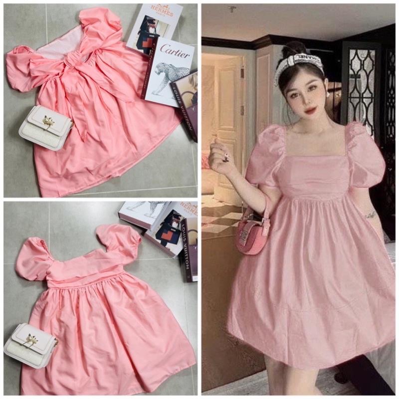 Đầm Babydoll cổ Vuông xếp ngực cột nơ lưng 2 lớp vải dày dặn , váy babydoll ulzzang Hàn Quốc trên gối dáng xòe bánh bèo