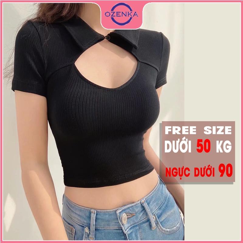 Áo croptop polo cổ bẻ tay ngắn ôm nữ, áo crt kiểu hàn quốc khoét ngực đính nút gợi cảm 100% cotton đen trắng