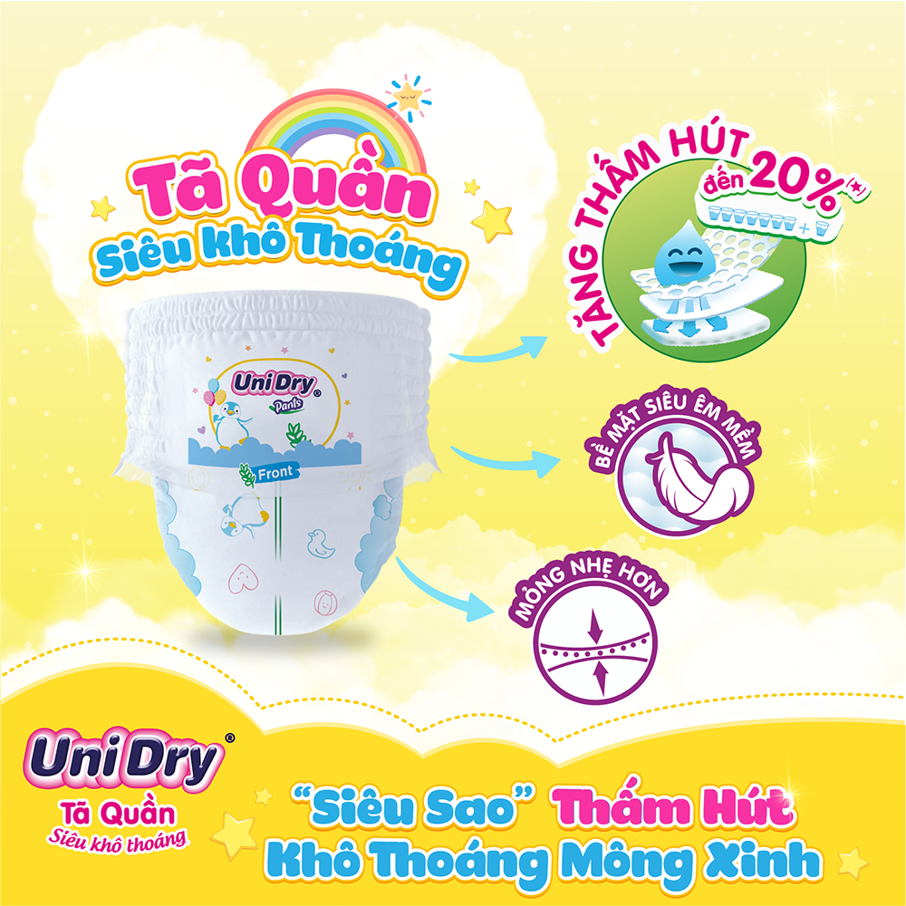 Combo 2 tã quần em bé siêu khô thoáng UniDry - Tặng 2 gói khăn ướt Unifresh Aloevera 80M