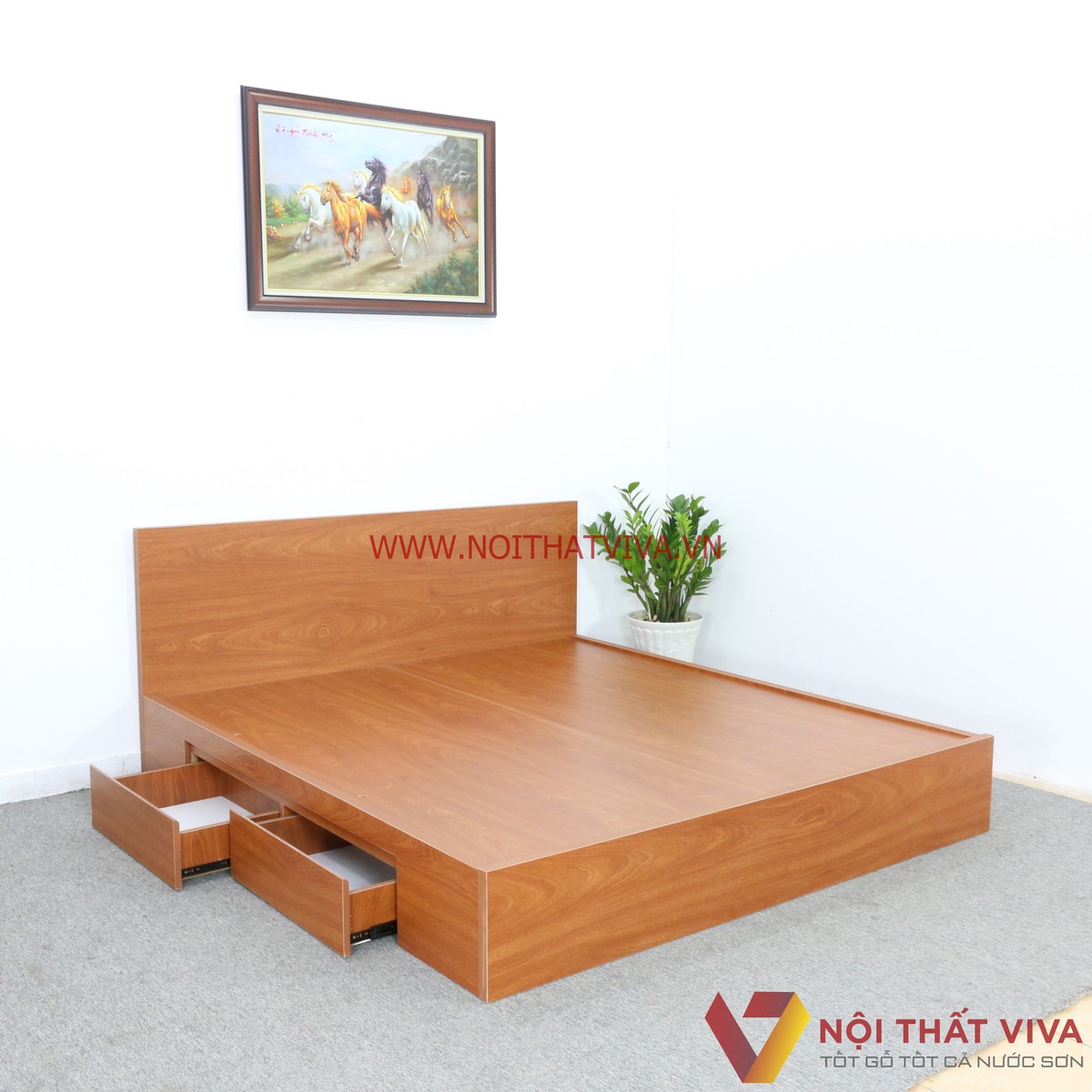 Giường Ngủ Gỗ MDF Melamine Ngăn Kéo Màu Xoan Đào