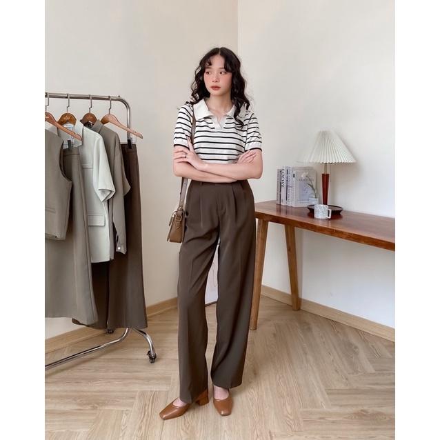 Áo len nữ kẻ ngang cổ v tay lửng 72a63 by germe