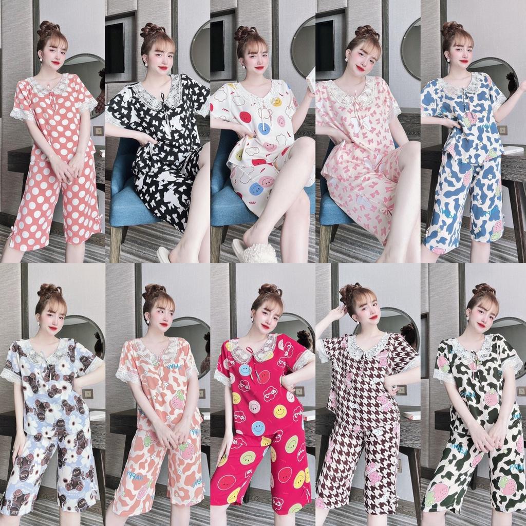 Đồ bộ trung niên quần lửng cho mẹ Bigsize 55-68 kg, bộ mặc nhà nữ hoạ tiết xinh xắn lụa mango thiết kế