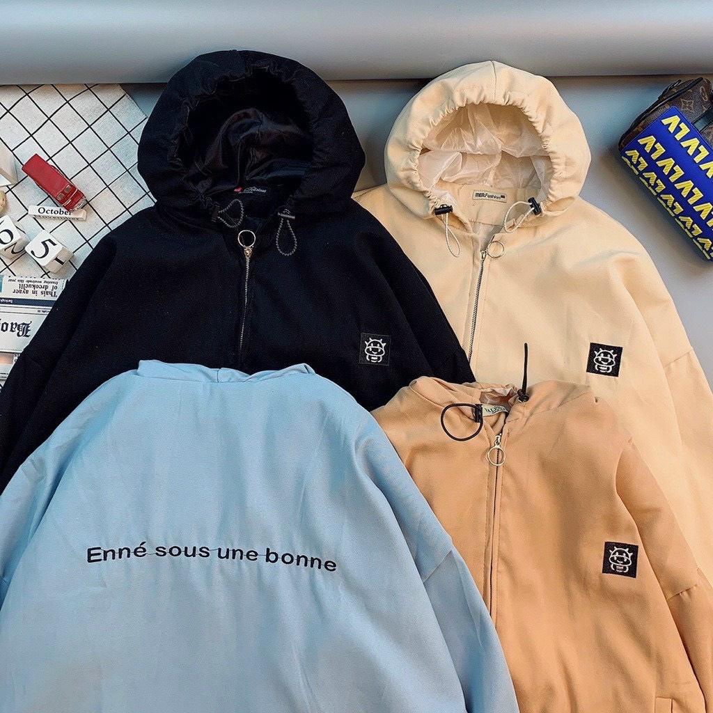 Áo Khoác Da Lộn 2 lớp Lót Dù UNEBONE Logo Thêu Kiểu Tay Phồng Dáng Rộng Có Nón Hot Trend