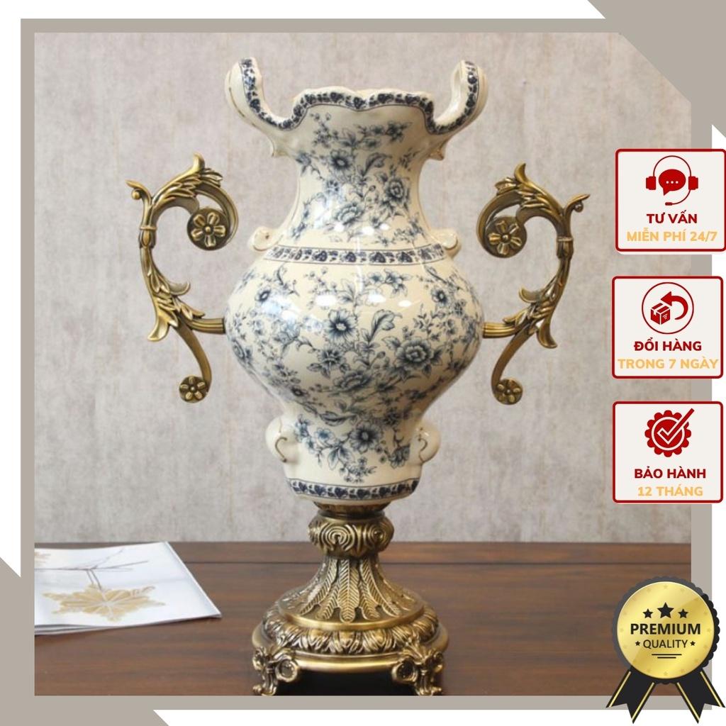 Bình hoa men sứ rạn họa tiết hoa nhí xanh CB30-BH1 mang phong cách tân cổ điển size cao 54 cm.