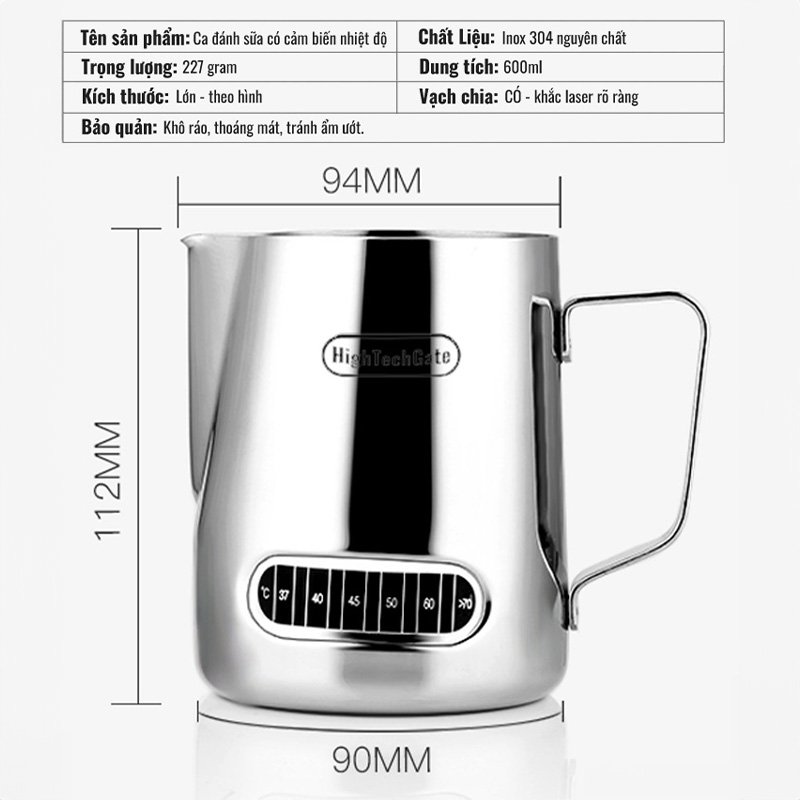 Ca đánh sữa inox HighTechGate 600ml MP60, tạo bọt sữa có cảm biến nhiệt độ, pha chế cà phê, cappuccino, lattee tiện lợi, hàng chính hãng