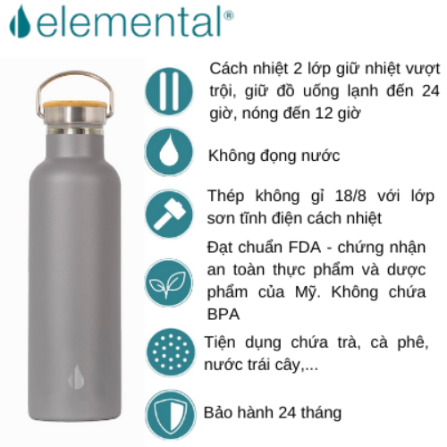 BÌNH GIỮ NHIỆT ELEMENTAL MÀU XÁM , BÌNH NHẬP KHẨU MỸ, ĐẠT CHUẨN FDA HOA KỲ, THÉP 304 KHÔNG GỈ, GIỮ NÓNG LẠNH