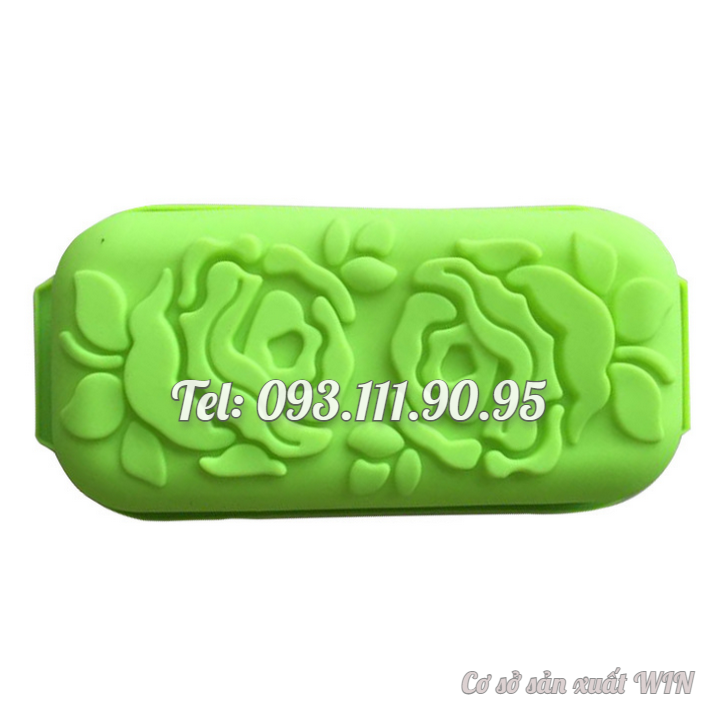 Khuôn silicon làm đế bánh, rau câu, bánh mì hình chữ nhật hoa hồng đôi kèm lá - Loại 29 cm - Mã số 1109