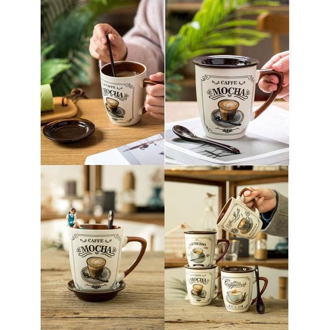 Cốc sứ uống trà, cafe tặng kèm nắp và thìa phong cách vintage 355ml