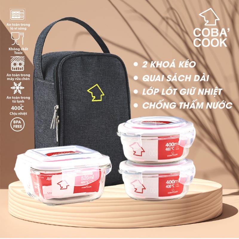 Bộ hộp đựng cơm thủy tinh chịu nhiệt COBA'COOK 1 vuông 520ml và 2 tròn 400ml túi giữ nhiệt dài - CCS5R43BL