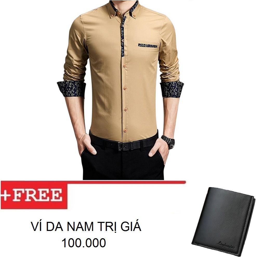 Áo sơ mi công sở viển cổ và tay, hàng nhập Quảng Châu + Tặng kèm ví da nam
