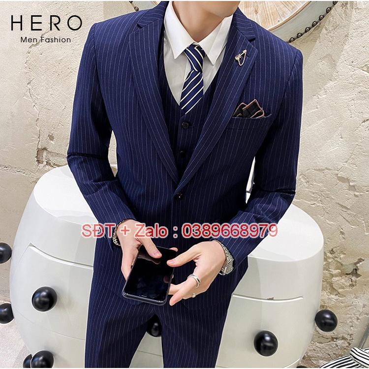 Bộ Vest Nam Cao Cấp màu Xanh than Kẻ sọc, Suit Nam Hàn Quốc Chất Vải Sịn, Quần có tăng chỉnh size